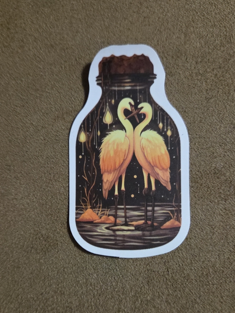 Sticker - Two Pink-Tinged Egrets in a Candle-Lit Swamp at Night